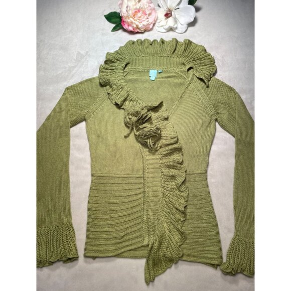 Anthropologie Ruffled Olive Knit Cardigan Sweater Collar & Lace Bell Cuffs Y2k - Picture 1 of 11